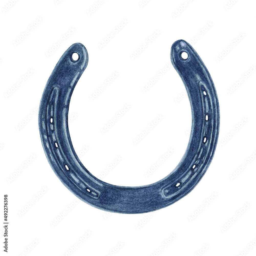 An isolated watercolor artistic hand drawn image of a blue horseshoe with a real aquarelle paper texture on a white background as an element for design of texts, labels, greeting and invitation cards An isolated watercolor artistic hand drawn image of a blue horseshoe with a real aquarelle paper texture on a white background as an element for design of texts, labels, greeting and invitation cards