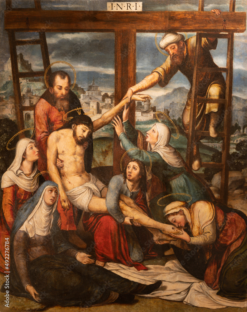 VALENCIA, SPAIN - FEBRUARY 14, 2022: The renaissance painting of Deposition of the cross in the Cathedral by Juan de Juanes from 16. cent.