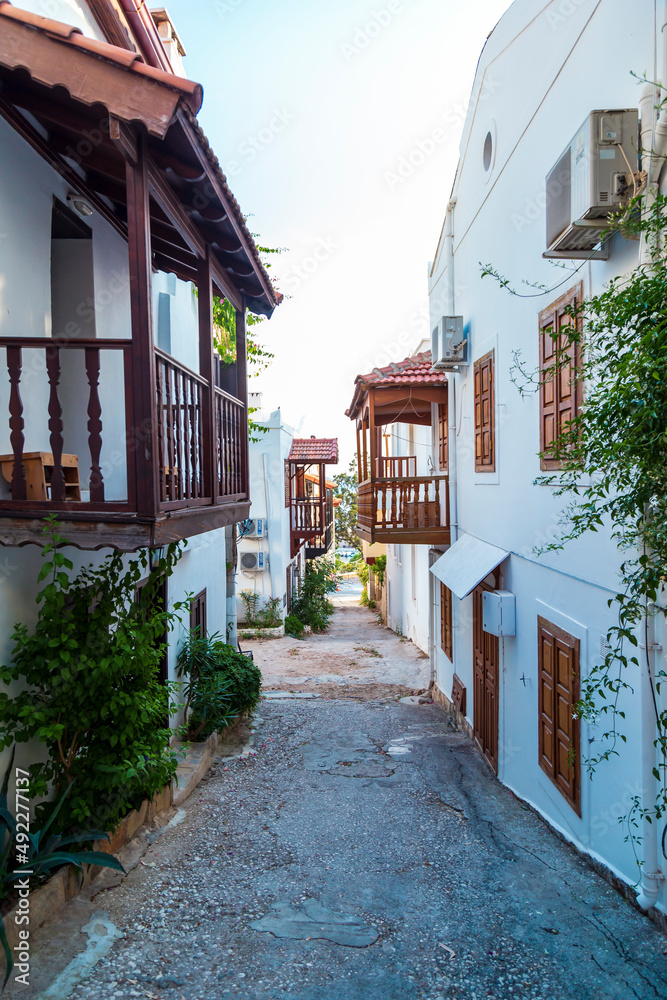 Traditional houses in the streets of Kalkan, Turkish Mediterranean style Traditional houses in the streets of Kalkan, Turkish Mediterranean style