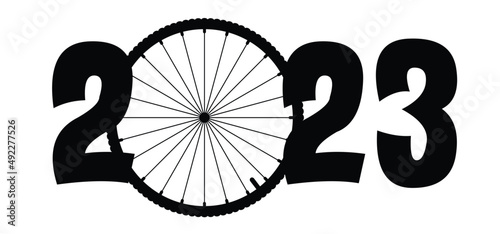 Happy new year 2023. Cartoon cycling wheels line pattern. Sport icon. Cyclist wheel logo or pictogram. Cycling or bike rims symbol