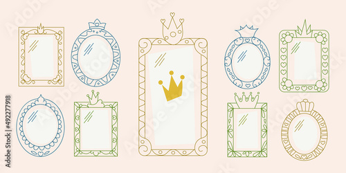 Princess mirrors with crown or tiara line vector illustration set. Fairytale frames and magic decorative borders collection for girls. Outline baby queen decor. Vintage royal element for laser cut