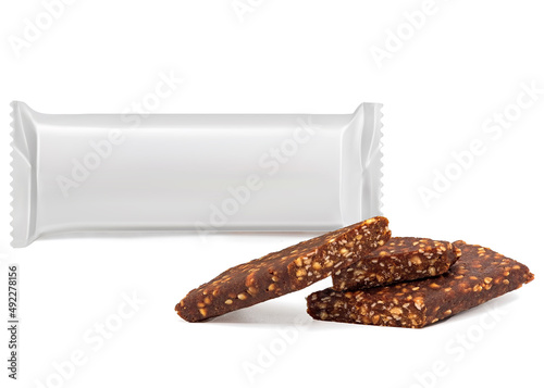Cut fitness cereal bar from dried dates, lemon, apple, in a package