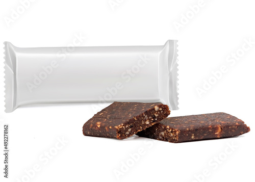 Cut fitness cereal bar from dried dates, lemon, apple, in a package