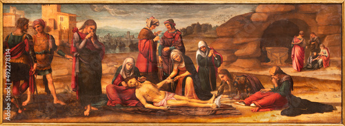 Billede på lærred VALENCIA, SPAIN - FEBRUARY 14, 2022: The renaissance painting of Jesus deposed from the cross in the Cathedral by Fernando Yanez de la Almedina from begin of 16