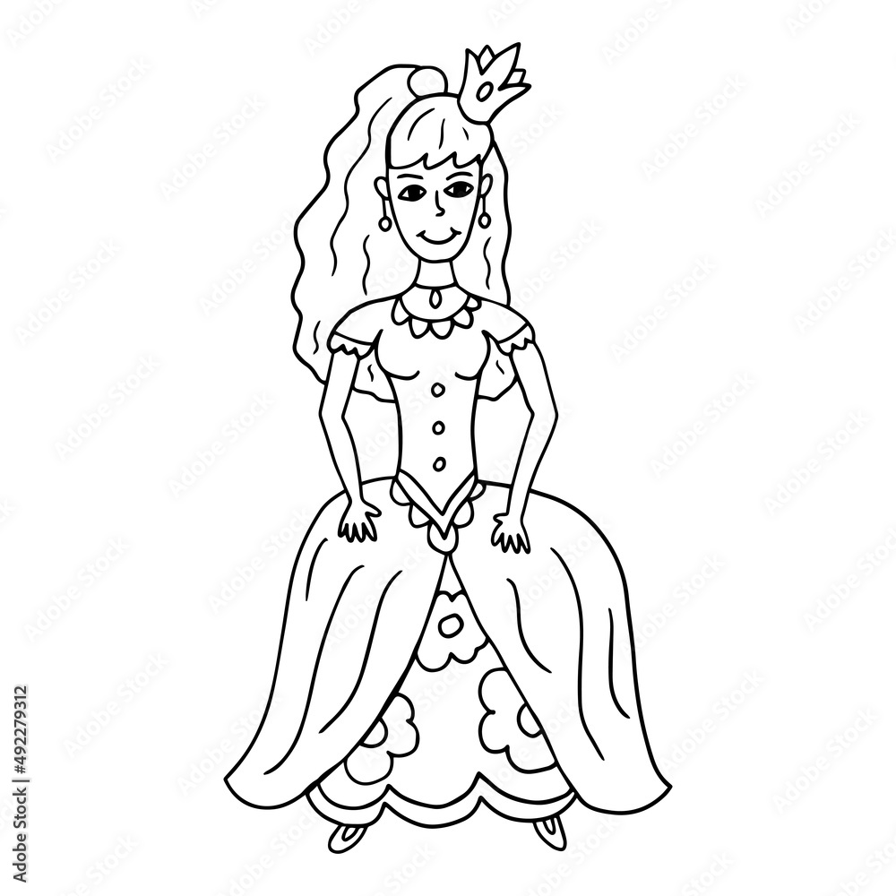 Fototapeta premium Doodle happy fairy princess isolated on white background. Beautiful historical dress. Young lady with crown.