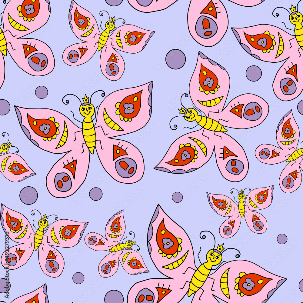 Cartoon doodle butterfly seamless pattern. Happy messy summer insect background. Cartoon doodle butterfly seamless pattern. Happy messy summer insect background.
