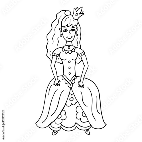 Doodle happy fairy princess isolated on white background. Beautiful historical dress. Young lady with crown.