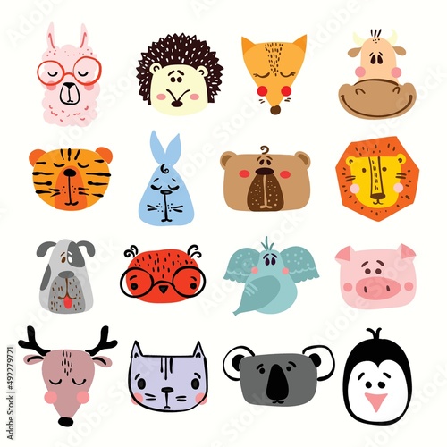 Vector set of cute happy animal faces for kid's interiors, banners and posters.