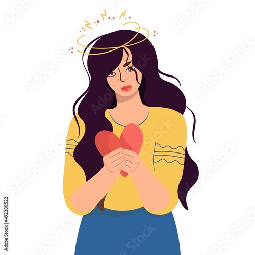 Ukrainian girl with a heart in her hands. Sad woman with a halo over her head. Concept of grief, pain, loss, death for banner design, landing page. Flat isolated vector design. Stop the war.