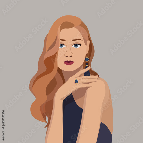 Portrait of a beautiful young woman with red hair in an evening dress and jewelry. Concept of female beauty and acceptance of self. Avatar for social media. Stock vector illustration in flat style.