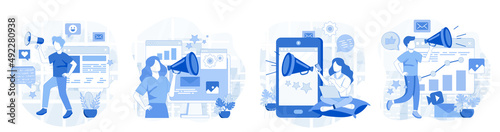 Digital marketing and advertising set. People attraction new clients and online promotion, collection of scenes. Vector illustration for blogging, website, mobile app, promotional materials