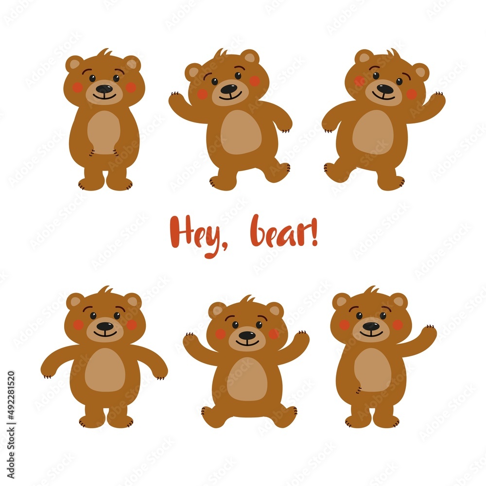 Cute teddy bear character set on white background in vector simple flat style. Bear standing, waving by paw, smiling, dancing, sitting, hugging. Cute teddy bear character set on white background in vector simple flat style. Bear standing, waving by paw, smiling, dancing, sitting, hugging.