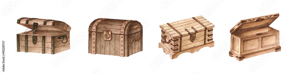An isolated watercolor illustration of a group of four vintage chests with a real watercolor paper texture as an element for design of text, labels, greeting and invitation cards An isolated watercolor illustration of a group of four vintage chests with a real watercolor paper texture as an element for design of text, labels, greeting and invitation cards