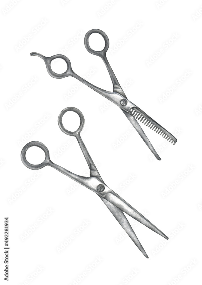 An isolated watercolor illustration of a group of two pairs of metal hairdressing scissors with a real watercolor paper texture for design of text, labels, greeting and invitation cards