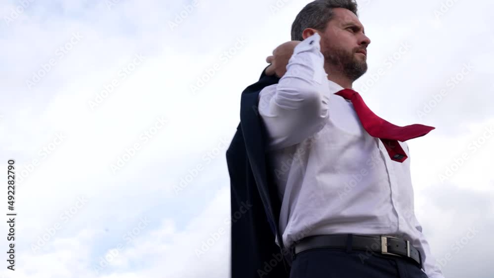 mature businessperson in formalwear hold jacket on sky background, business mature businessperson in formalwear hold jacket on sky background, business