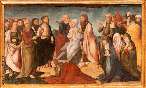 VALENCIA, SPAIN - FEBRUAR 14, 2022: The painting  of Resurrection of Lazarus in the Cathedral - Basilica of the Assumption of Our Lady by Nicolas Falco from 16. cent.