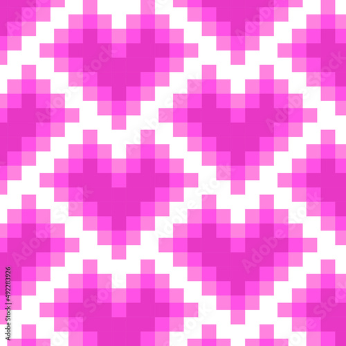 Seamless pattern with mosaic pixel pink hearts isolated on white background. Vector illustration