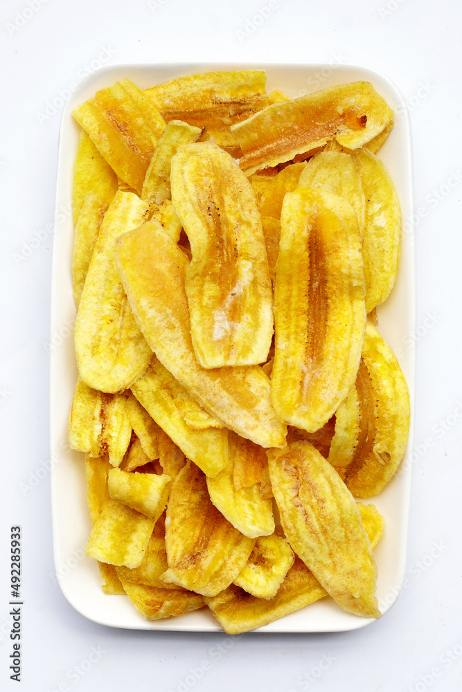 Banana slice chips on white background Banana slice chips on white background
