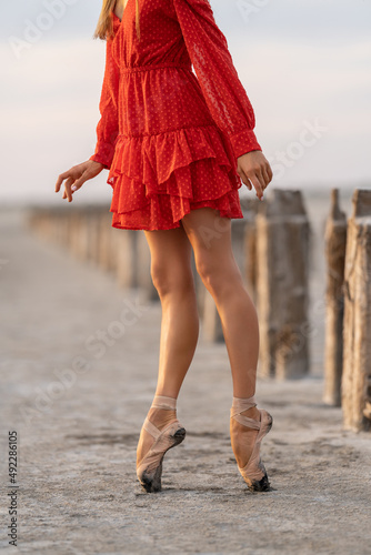 Female ballet dancer is posing on salt seashore