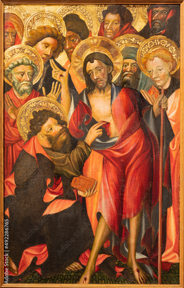 VALENCIA, SPAIN - FEBRUAR 14, 2022: The painting  The Doubt of St. Thomas in the Cathedral - Basilica of the Assumption of Our Lady by Marsal de Sax (1400).