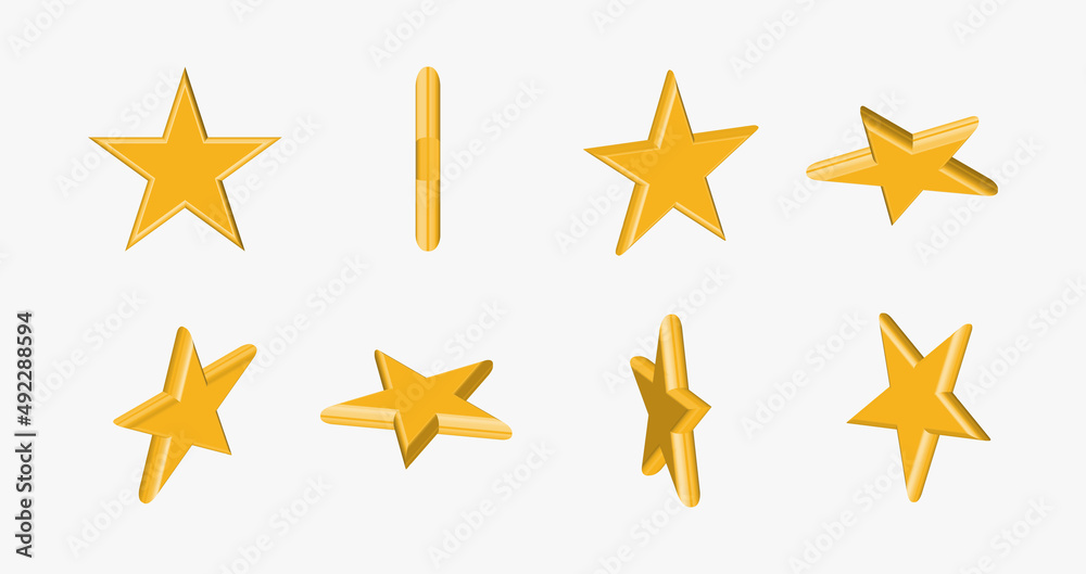 Fototapeta premium Star of different shapes, bright yellow color. Realistic 3d design of the object. Customer rating feedback concept from customer about employee of website. For mobile apps. Vector illustration.