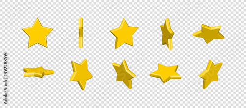 Star of different shapes, bright yellow color. Realistic 3d design of the object. Customer rating feedback concept from customer about employee of website. For mobile apps. Vector illustration.