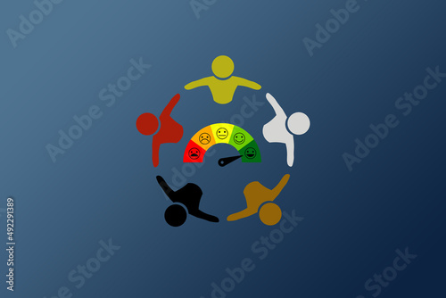 Teamwork and Diversity concept. People of various colors of skin standing in a circle holding hands. Satisfaction indicator in the center. © Ludk