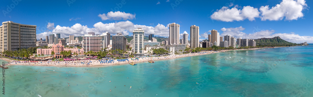 Waikiki beach in Hawaii aerial view of beach and hotels panorama