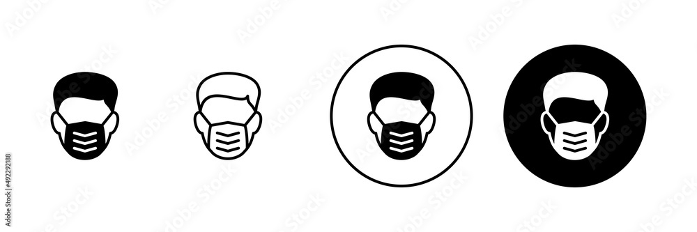 Mask icons set. Medical mask sign and symbol. Man face with mask icon. Safety breathing mask