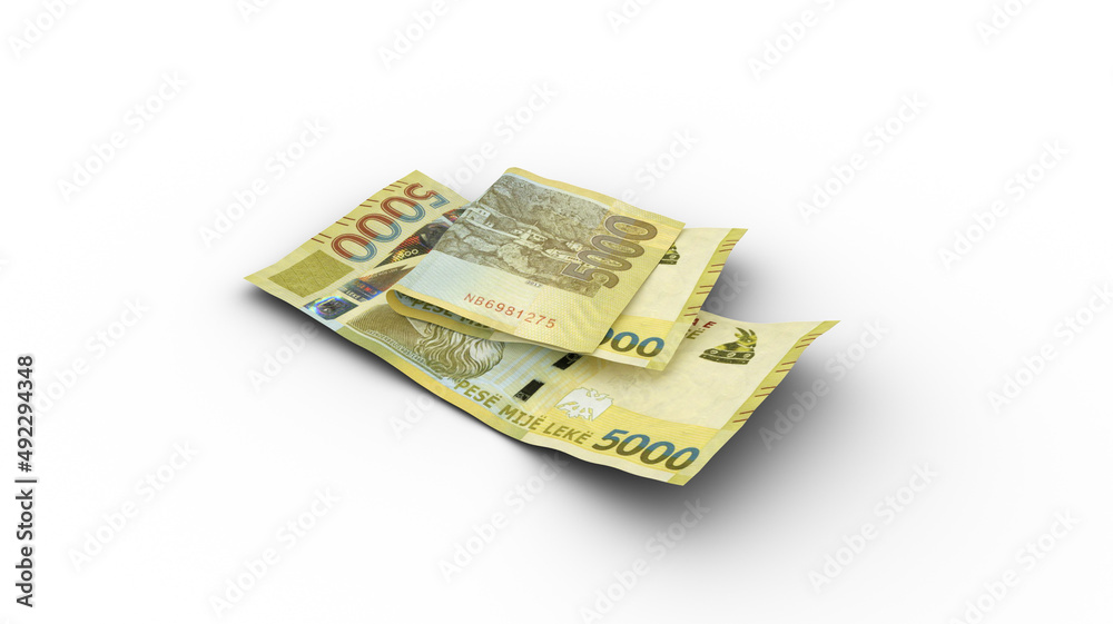 3D rendering of Double 5000 Albanian lek notes with shadows on white background 3D rendering of Double 5000 Albanian lek notes with shadows on white background