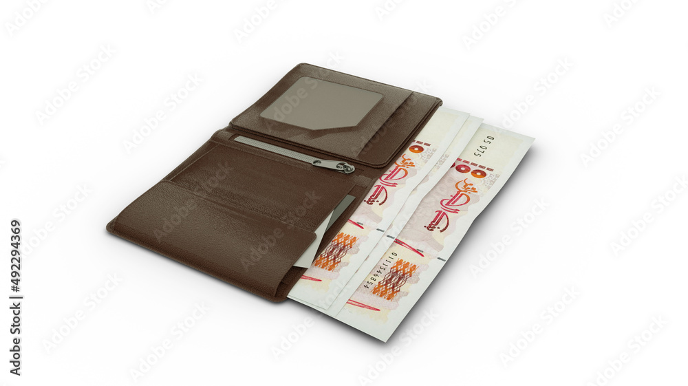 3D rendering of Algerian Dinar
notes in wallet 3D rendering of Algerian Dinar
notes in wallet
