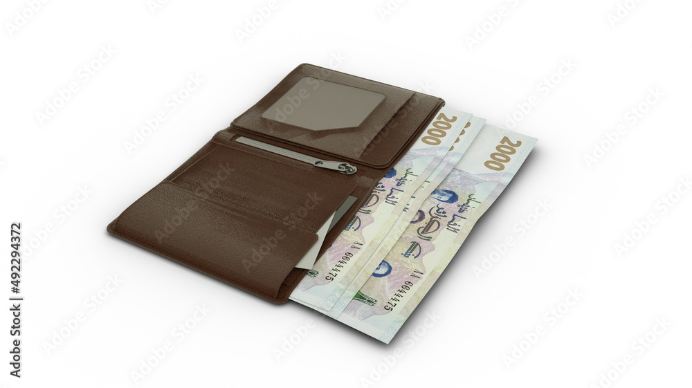 3D rendering of 2000 Algerian Dinar notes in wallet 3D rendering of 2000 Algerian Dinar notes in wallet