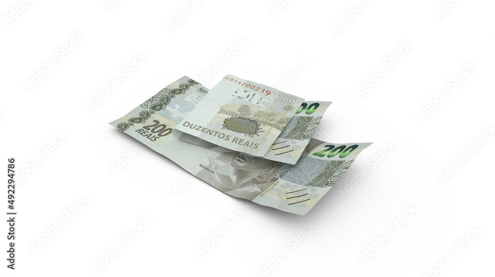 3D rendering of Double Brazilian real notes isolated on white background 3D rendering of Double Brazilian real notes isolated on white background