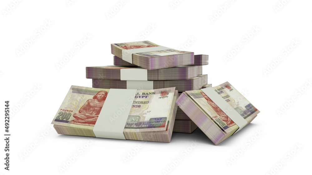 3d rendering of Stack of Egyptian pound notes. bundles of Egyptian currency notes isolated on white background - obrazy, fototapety, plakaty 