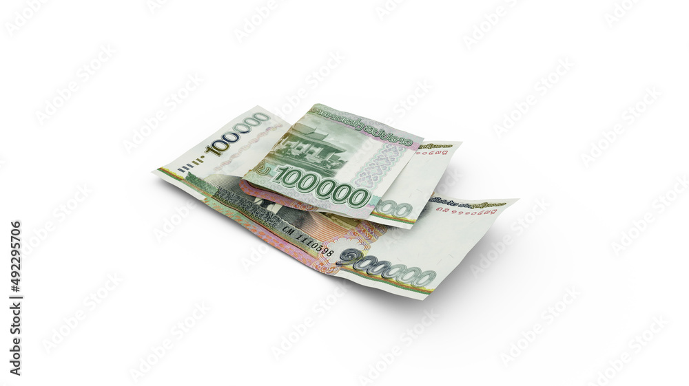 3D rendering of Double Laotian kip notes isolated on white background 3D rendering of Double Laotian kip notes isolated on white background