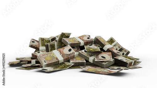 stacks of 100 New Zealand dollar notes a lot of money over white background. 3d rendering of bundles of cash