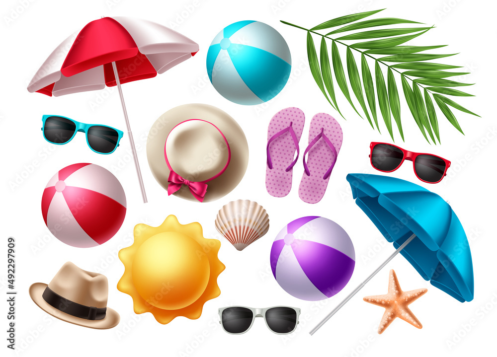 Summer beach elements vector set. Summer colorful objects collection for outdoor trip vacation isolated in white background design. Vector illustration. 
 - obrazy, fototapety, plakaty 