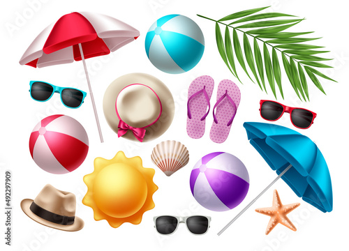 Summer beach elements vector set. Summer colorful objects collection for outdoor trip vacation isolated in white background design. Vector illustration. 
 photo