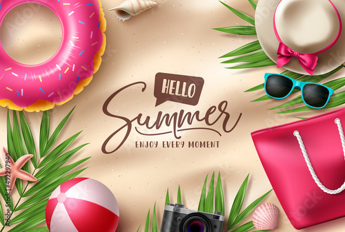 Hello summer vector background design. Summer beach elements in sand background for tropical season outdoor vacation. Vector illustration.

