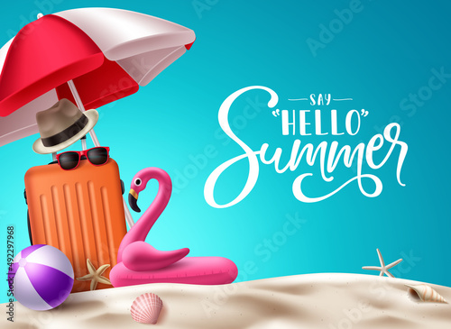 Summer vector background design. Hello summer text with beach elements like beachball, flamingo floater and luggage for outdoor travel vacation. Vector illustration. 
