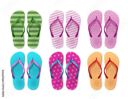 Summer beach flipflop vector set. Summer colorful slippers collection for trip and travel fashion elements isolated in white background. Vector illustration. 
