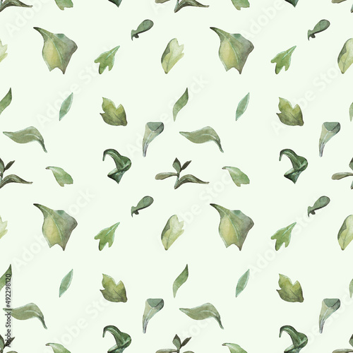 Seamless pattern watercolor hand-drawn green and blue leaves on white background. Foliage greenery. Summer mood. Creative art for invite celebration wedding, wallpaper card, wrapping sketchbook