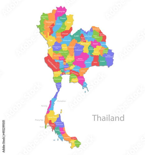 Thailand map, individual regions with names, administrative division, colors map isolated on white background vector