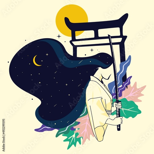 Vector illustration of a samurai girl carrying a katana