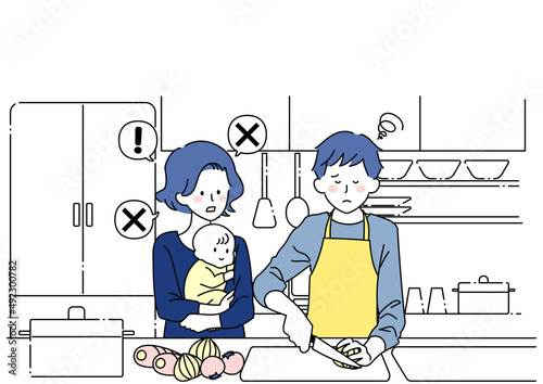 料理をする夫と駄目だしする妻