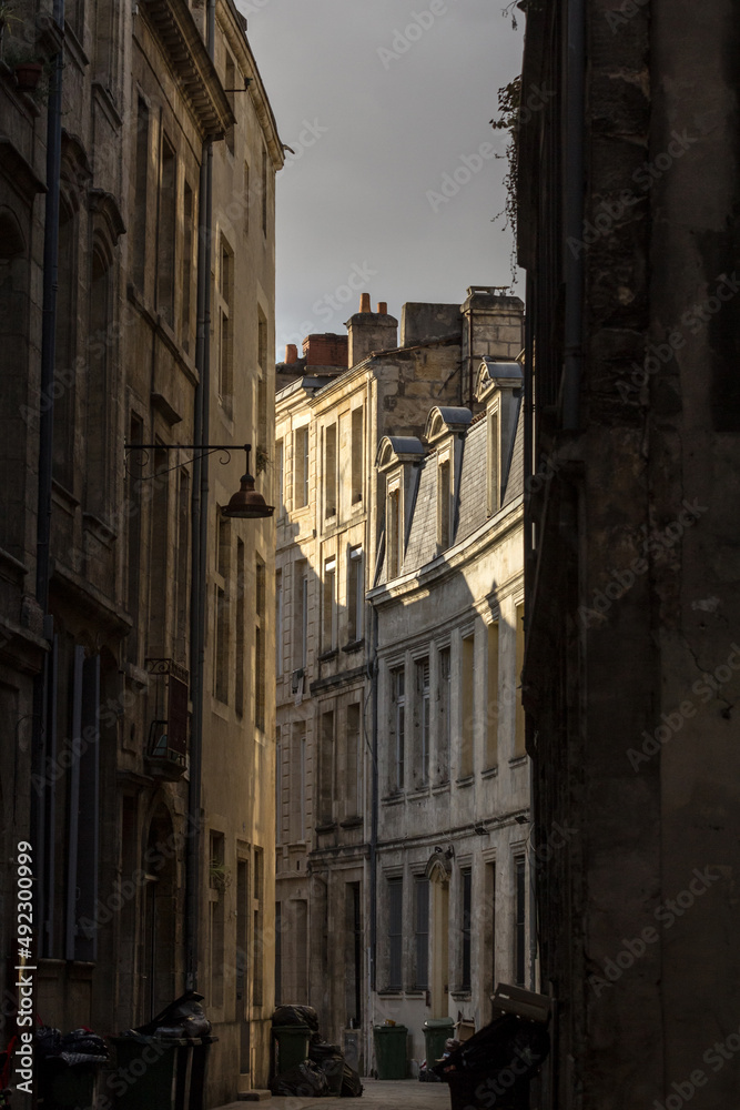 Facade of medieval buildings in a dark street, narrow, in the city center of Bordeaux, France. These buildings are typical of the Southwestern French architecture...
