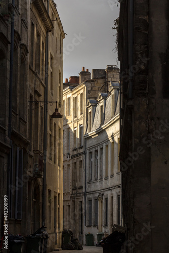 Facade of medieval buildings in a dark street, narrow, in the city center of Bordeaux, France. These buildings are typical of the Southwestern French architecture... © Jerome