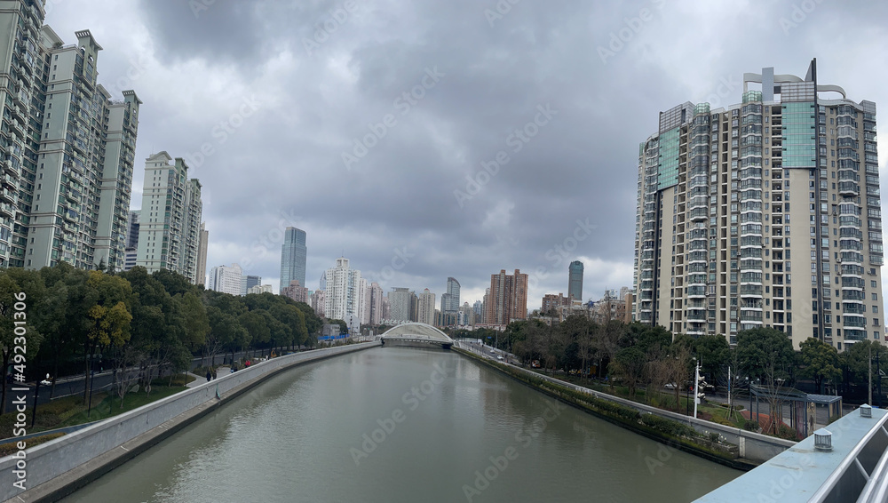 Shanghai panorama - a view of the neighborhood along Suzhou creek Shanghai panorama - a view of the neighborhood along Suzhou creek