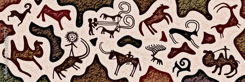 Panel on the ethnic theme. A series of petroglyphs, rock paintings, vector design. 