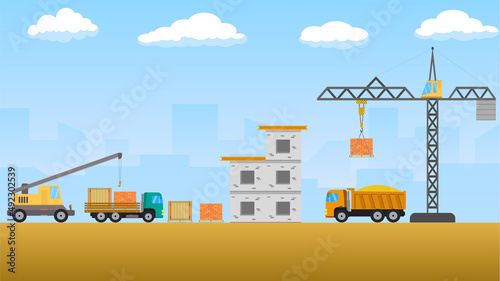 Construction building with cranes, trucks, unfinished building exterior flat 2d, pallet of bricks, metall